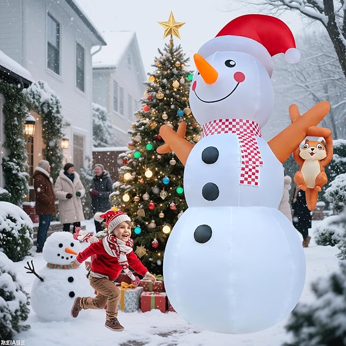 12ft Giant Snowman Inflatable Decor with Cute Squirrel Christmas Inflatable Yard Decor Build-in LED Outdoor Blow up Holiday Decorations for Yard/Lawn/Garden