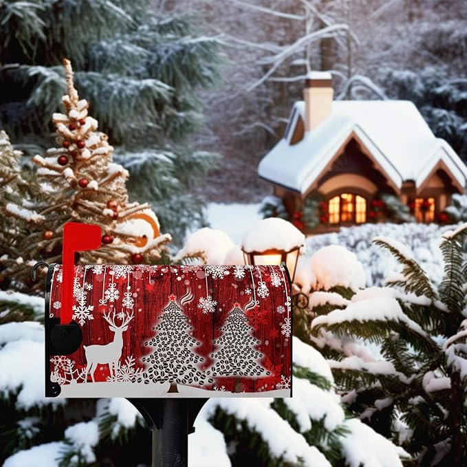 Christmas Mailbox Cover Christmas Tree Winter Snowflake Pine Mailbox Wrap Poinsettia Christmas Tree Wood White Snow Letter Post Box Cover Decorative for Garden Yard Home 21x18 in