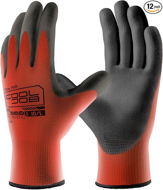 COOLJOB 12/60 Pairs Safety Work Gloves Pack Bulk with Grip PU Coating, 13 Gauge Seamless Knit Gloves with Polyurethane Dipped for Warehouse Working, Breathable Lightweight for Men Women, Red Large