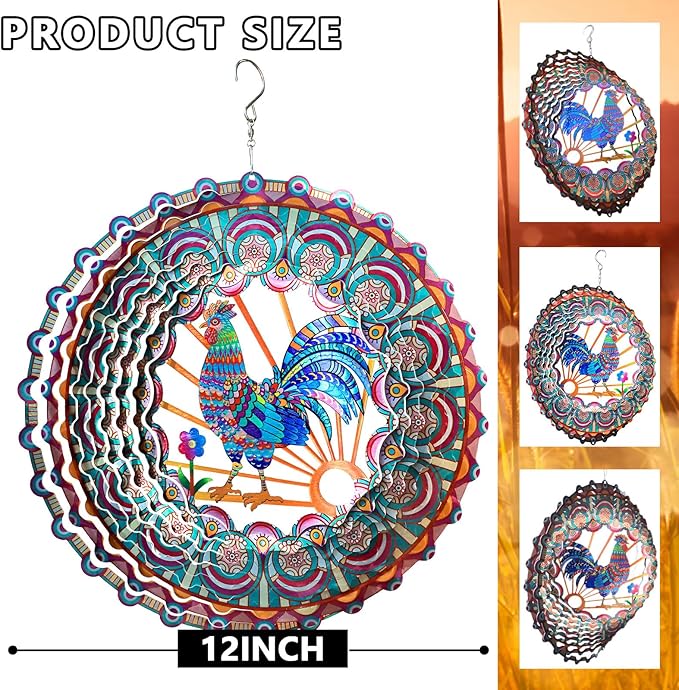 Rooster Wind Spinner - 3D Kinetic Chicken Wind Spinners | 12-Inch Rustproof Metal Hanging Sculpture, Outdoor Garden & Patio Decor, Unique Gifts for Dad, Mom, Men, Women