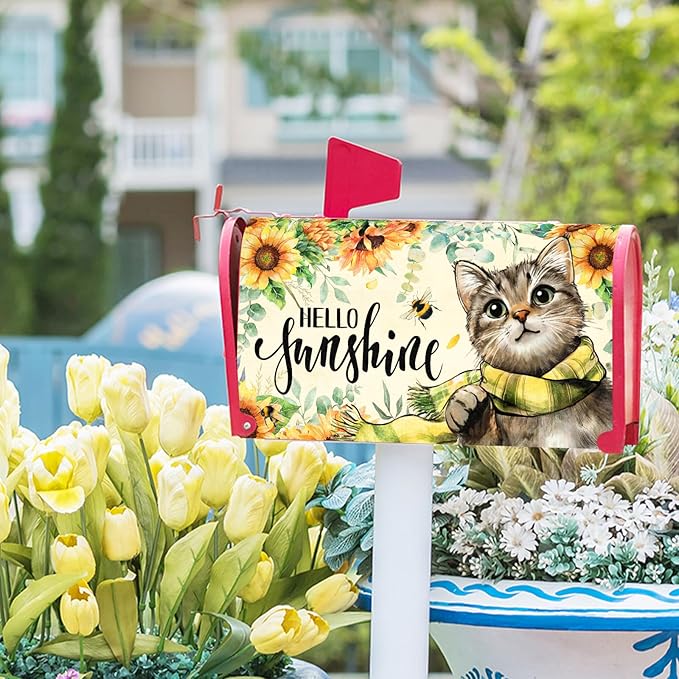 Hello Sunshine Cat Magnetic Mailbox Cover for Garden Yard, Summer Sunflowers Bee Kitten Waterproof Mailbox Wrap Post Cover for Outdoor Outside Patio Decor, Large Size 25.5x21 Inch