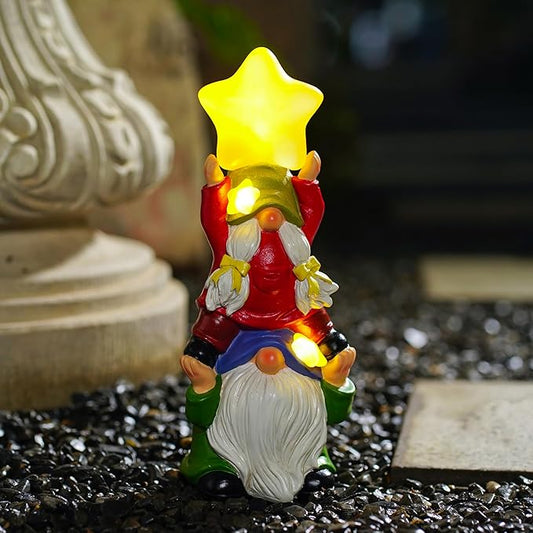 Solar Garden Gnomes Outdoor Statue with Solar Lights, 11" Figurine Lights Solar Garden Outdoor Decorations for Patio,Yard,Lawn Ornament，Mom Gift Unique Housewarming Gifts