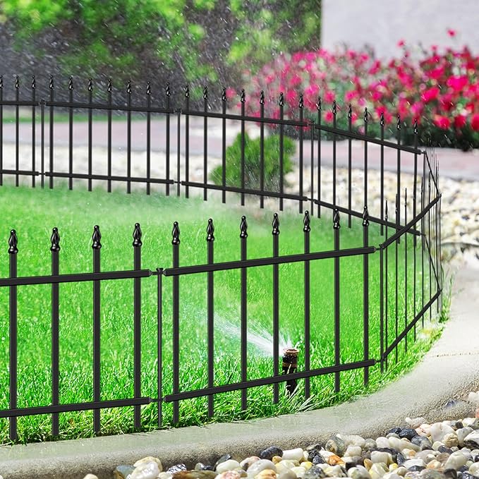 Decorative Metal Garden Fence 18 in H x 10 ft L, Small Border Roman Column Deco, Barrier Fencing for Yard Flower Bed Lawn Landscape Outdoor, 5 Panels + 6 Stakes Black