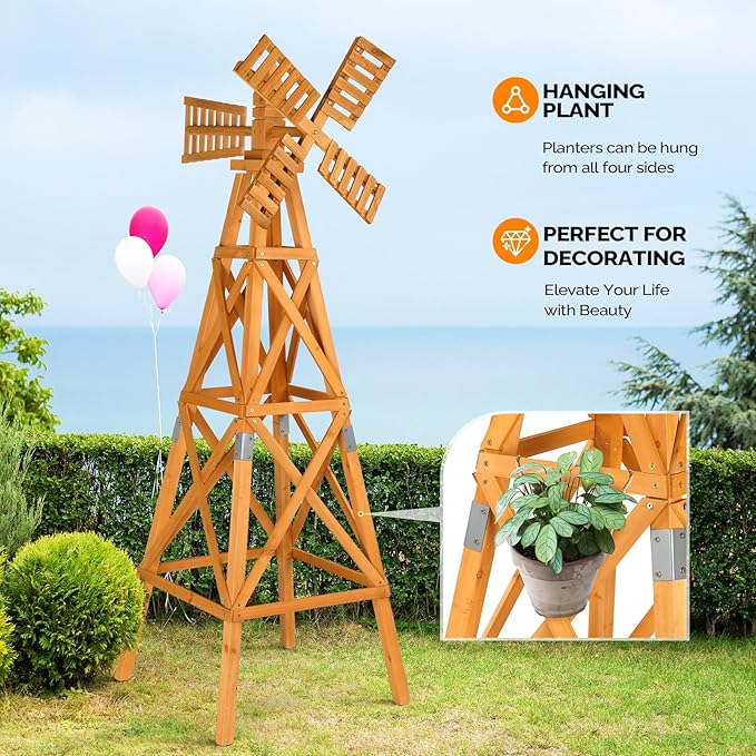 Wooden Windmill, Weather-Proof Wind Spinner, Outdoor Wind Mill for Garden Lawn Patio Decoration (Teak, Large)