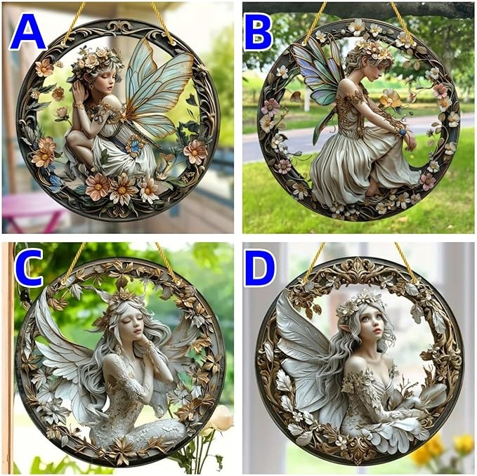 Flower Fairy Garden Decorations Angel Wing Christmas Halloween Deco Statue Art Elf Sculpture Hanging Craft for Outdoor Yard Courtyard Lawn Patio Window Acrylic Ornament Home Gift (D,L: 8*8 IN)