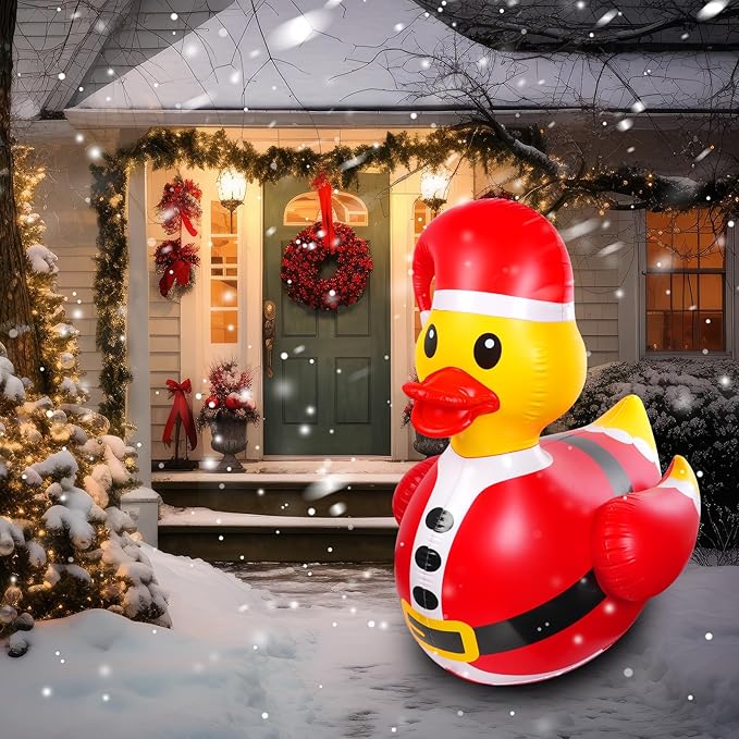 1 Pcs 4.6 Feet Christmas Giant Inflatable Snowman Duck Outdoor Decorations,Huge Blow Up Yard Yellow Duck with Red Snowman Cloth Pool Float for Indoor Christmas Holiday Party Garden Patio Lawn Decor