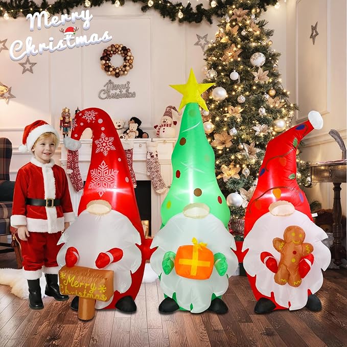 6 FT Long Christmas Gnomes Inflatable Outdoor Decorations, Inflatable Gnomes with Sign and Gingerbread Man Built-in LED Lights Blow Up Yard Decorations for Holiday Indoor Outdoor Party Garden Lawn