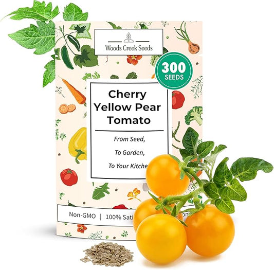 Woods Creek Seeds: Yellow Pear Tomato Seeds for Planting - Heirloom Tomato Seeds for Planting Outdoors, Indoors, Patio or Home Plant Garden - Non-GMO Seed Pack of Indeterminate Pear-Shaped Tomatoes