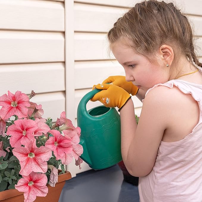 COOLJOB Breathable Toddler Work Gloves for Gardening Boy Girl Ages 6-9 Large, Nylon Kids Garden Gloves with Grip, Children Yard Gloves for Digging Weeding Landscaping, Green & Orange, 2 Pairs