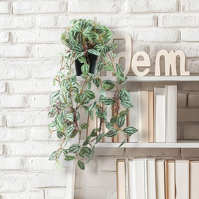 Artificial Hanging Ivy Plants Realistic 3D Watermelon Texture Fake Peperomia Leaves Faux Potting Vine Green Plants for Indoor Outdoor Home Garden Decor
