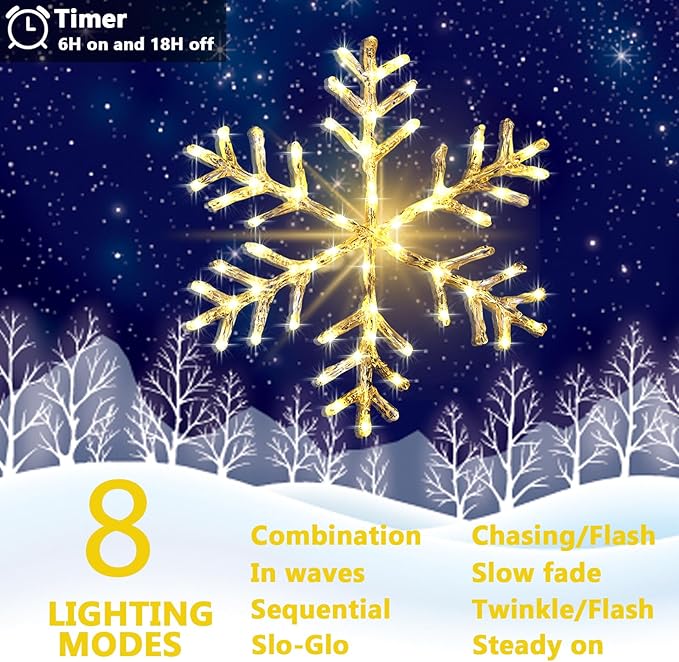 Christmas Window Snowflake Lights Decorations, Battery Operated Led Hanging Iron Lights, 8 Lighting Modes for Home Bedroom Indoor Outdoor Wall Holiday Decor (Warm White, 2 Pack)
