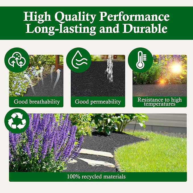 Nisorpa 8' x 2' Black Mulch Mat, Recycled Rubber Mulch Mat Garden Barrier Garden Edging Border Mat Rubber Mulch for Landscaping Outdoor