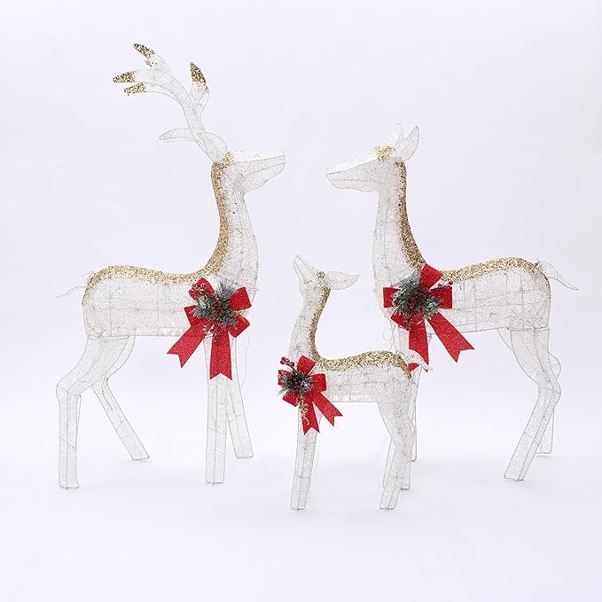 LuxenHome 3PCs Reindeer Christmas Decoration, Glitter White Mesh Indoor & Outdoor Christmas Decor with Red Bow and Pinecone, 200 Warm White LED Lights, Xmas Decorations for Front Porch, Lawn Display