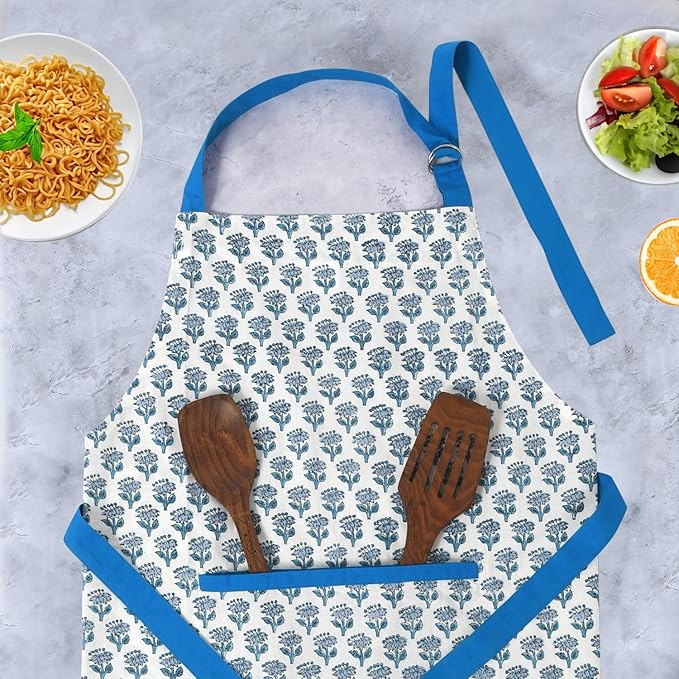 CPC Cotton Floral Kitchen Apron for women with Pocket and Adjustable Neck Ties. Apron for Women Men Chef-Hand Block Printed