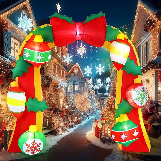 Leyndo 8FT Bow Christmas Inflatable Arch Archway Outdoor Decorations with LED Lights Built-in Giant Inflatable Bow Christmas Arch Blow up Yard Decorations for Outside Garden Lawn Holiday Party Decor