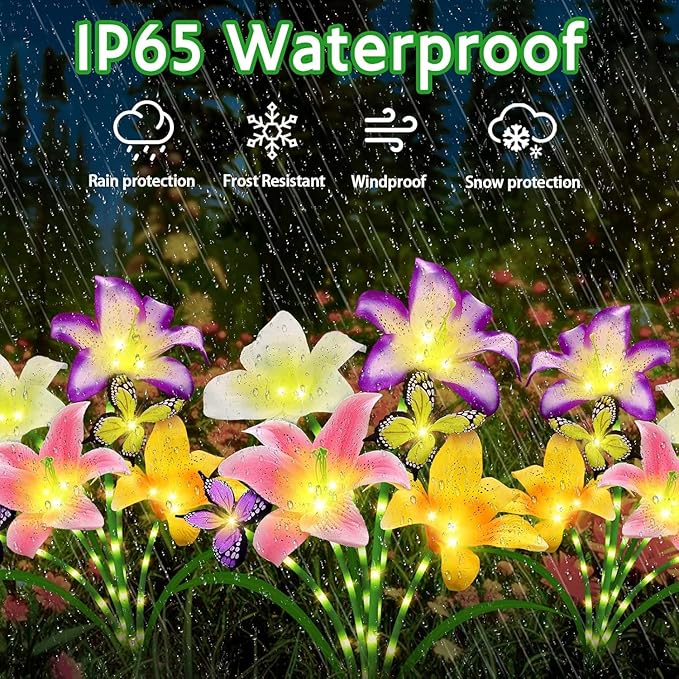 6 Pack Solar Garden Lights LED Solar Lilies Flower Lights, Yard Patio Pathway Decoration High Flexibility Copper Wire Handmade Silk Artificial Flowers Never Wither, Gift for Family Friends