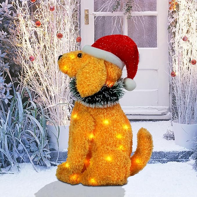 Christmas Lighted Dog Decoration Pre-lit 3D Glittered Fluffy Puppy Battery Operated Lighted Up Sitting Ornament Outdoor Indoor Christmas Decoration for Home Lawn Yard Garden Display