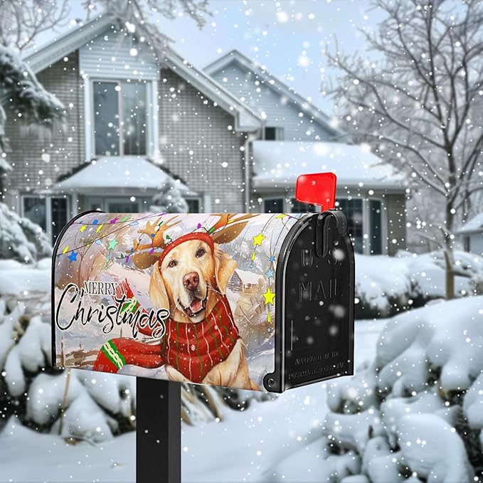Merry Christmas Mailbox Cover 21x18 Inch Xmas Dog Post Letter Box Covers New Year Golden Retriever Magnetic Waterproof Mail Wraps for Winter Framhouse Outdoor Yard Garden Standard Size