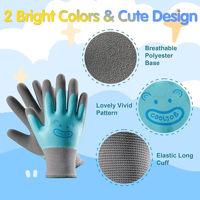 COOLJOB 2 Pairs Waterproof Kids Gardening Gloves for Age 8-10, Non-slip Double-layer Rubber Coating,Children Grippy Breathable Toddler Garden Work Gloves, Blue & Yellow, Large