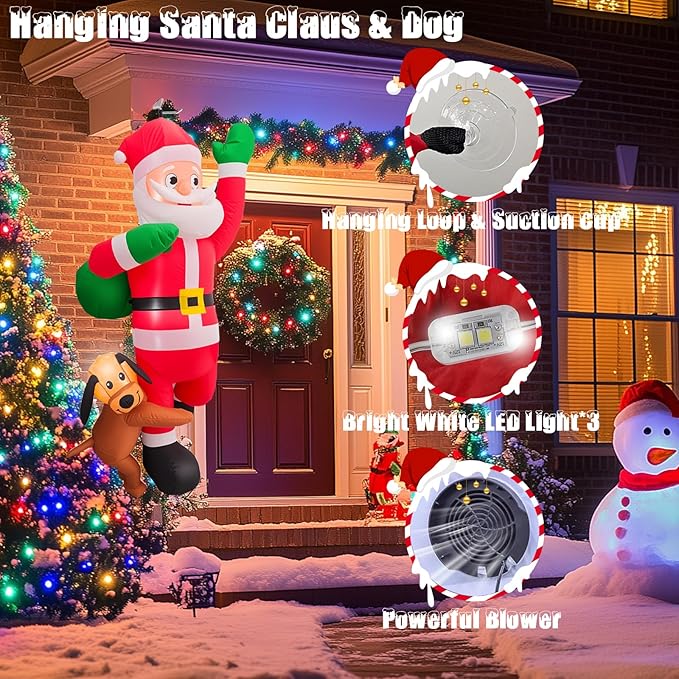 6 FT Christmas Inflatables Santa Claus Decoration with Gifts Bag,Hanging Blow Up Santa Decor with Built-in LED Lights,Outdoor Xmas Yard Decoration Holiday Party Supplies with Dog for Tree Roof Garden