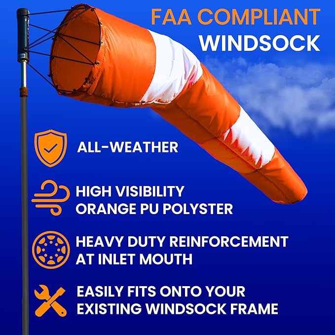 18"x72" Airport Windsock | Heavy Duty, All Weather, Waterproof, UV Fade Resistant, High Vis Fluorescent, Quad Stitched, Zip Ties Included, for Industrial, Ranch, and Agricultural Use | Orange & White