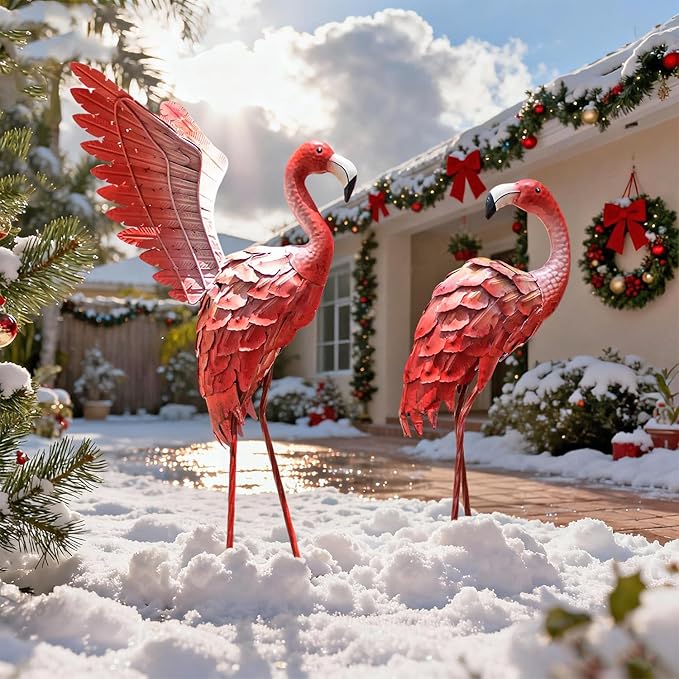 Natelf Flamingo Garden Statues Outdoor Decor, Set of 2 Metal Flamingo Yard Art with Spread & Folded Wings, Weather-Resistant Pink Flamingo Lawn Sculpture for Patio, Backyard - Gift for Women, Mom