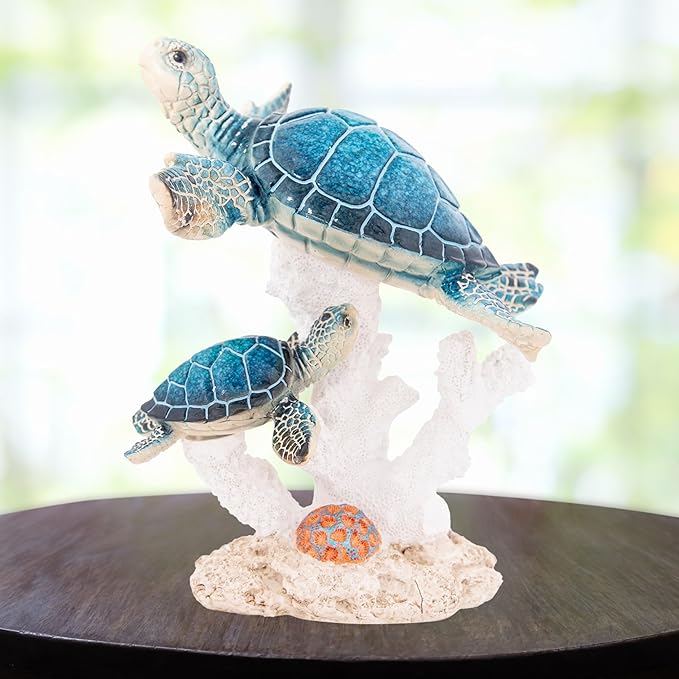 Sea Turtle Decor Figurine Blue Turtles Swimming on Coral Reef Base Beach House Coastal Decor