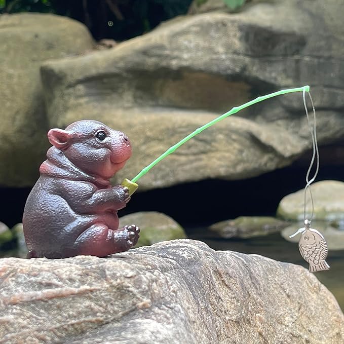 Hippopotamus Statue Garden Decor for Outside 2.4in,Interesting Hippopotamus Fishing Statue,Suitable for Easter, Indoor and Outdoor Decoration