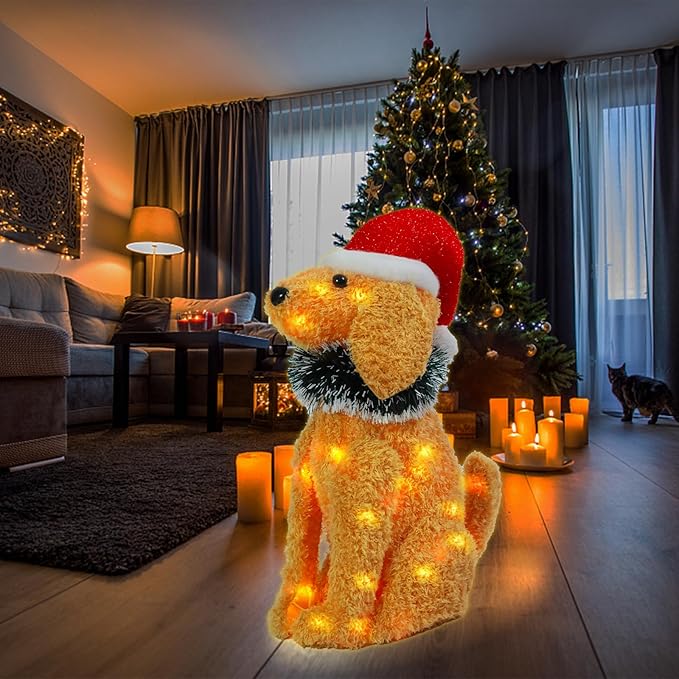 Christmas Outdoor Decoration Lighted 3D Golden Retriever Dog Xmas LED Warm Lights Decor Indoor, Battery Powered Outdoor Holiday Decorations for Home, Yard, Garden