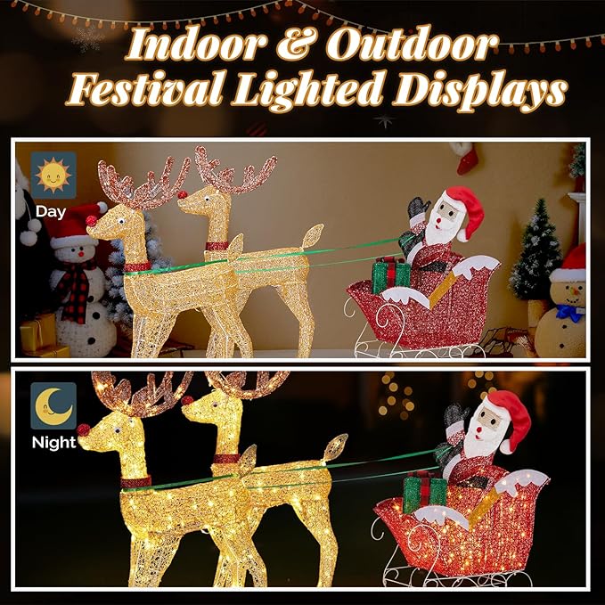 VINGLI 6FT Lighted Christmas Reindeer and Sleigh Outdoor Decorations, 2 Reindeer Pulling Santa’s Sleigh, Warm White LED Glitter Mesh Deer for Xmas Yard Lawn Garden Porch Holiday Decor