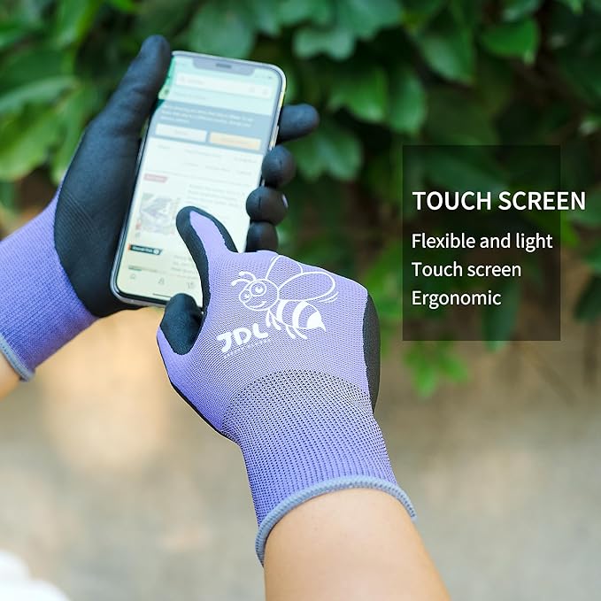 JDL 12 Pairs Nylon Nitrile Coated Gardening Gloves for Women, Touchscreen Yard Garden Gloves, Breathable Safety Work Gloves with Grip, Purple, Medium