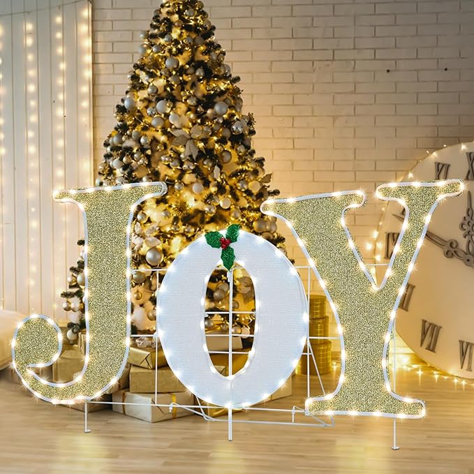 Outdoor Christmas Joy Nativity Decoration Christmas Lighted Joy with Holly Berries Pre-Lit 129 LED Lights Deacoration for Xmas Home Pathway Lawn Party Display