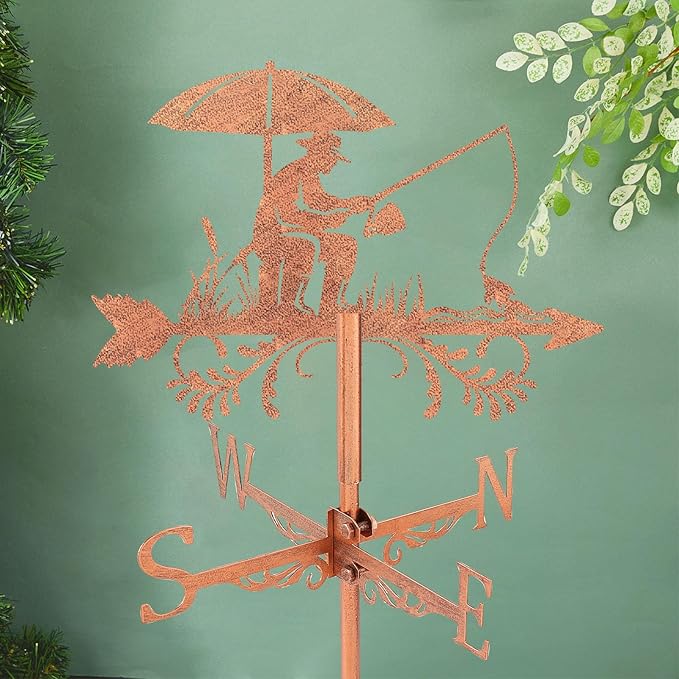 SUPERDANT Fishing Weather Vane for Roof Fish Man Metal Weathervane Bank Fishing Wind Vanes for Sheds Copper Wind Direction Indicator for Farmhouse Yard Farm Shed Garden Decoration