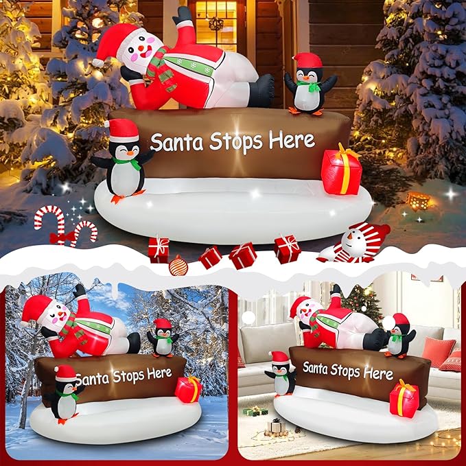 Christmas Inflatable Snowman with Penguins Decotation Blow Up 6FT Snow Man “Santa Stops Here” Sign Holiday Yard Decoration Gift Box, Perfect for Outdoor Lawn, Garden, or Front Porch Oranments Display