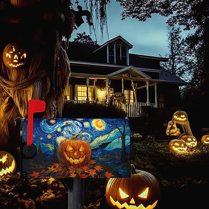 Halloween Pumpkin Magnetic Mailbox Cover Large Size 25.5 x 21 Van Gogh's Starry Night Mailbox Wraps Cover Oil Painting Decorations Post Box Cover for Garden Yard Outdoor Decor