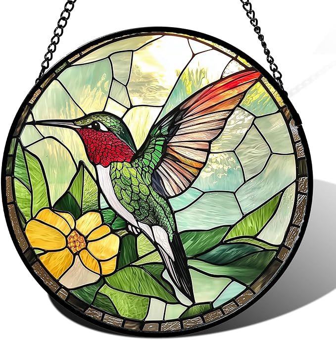 Stained Glass Window Hanging, Green Hummingbird Sun Catcher for Door Home Decor, Birds Suncatcher Christmas Mother's Day Birthday Gifts for Bird Lovers Women Men Mom and Nana 6.3 in