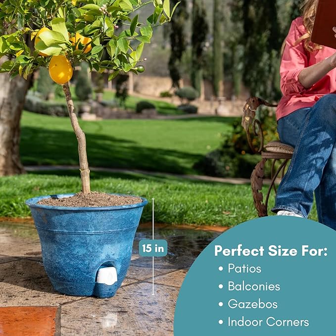 Bernini FirmaStone 15" Self-Watering Planters, Set of 2 – Durable Indoor/Outdoor Pots with Drainage Plug & Built-in Reservoir – Lightweight Garden Planters for Patio, Porch, Balcony