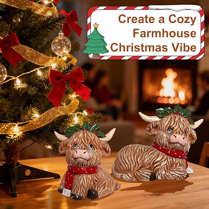 2 Pack Christmas Highland Cow Figurines Highland Cow Christmas Resin Statue with Holiday Wreath and Scarf for Garden Table Shelf Home, Tiered Tray, Mantel, Scottish Resin Statue Calf Lovers Gifts