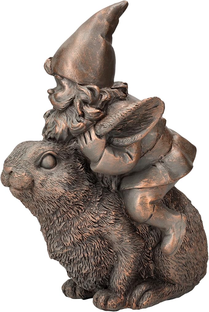 Pacific Giftware Bronze Gnome on Bunny Figurine, 8.07-inch Height, Gold Cast Broze, Table Decoration
