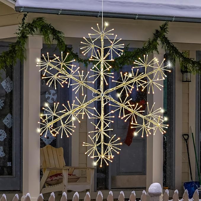 Hanging Christmas Snowflake Lights, 30’’ Large Golden Snowflake with 240 Warm White LEDs Twinkle for Indoor Outdoor Decorations