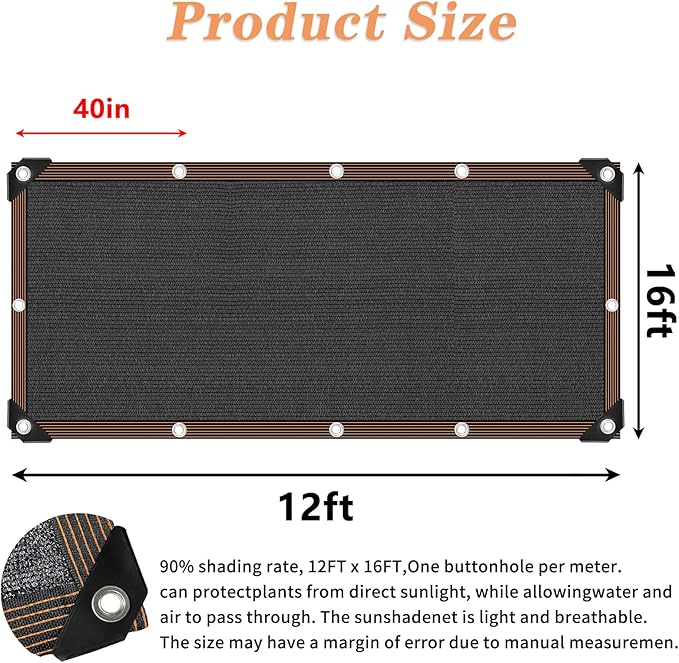 Black Shade Cloth,90% Durable Mesh Tarp with Grommets, Resistant Garden Sun Shade Netting, Shading Antifreezing for Pergola Greenhouse Plants Growing Chicken Coop Shade Cover