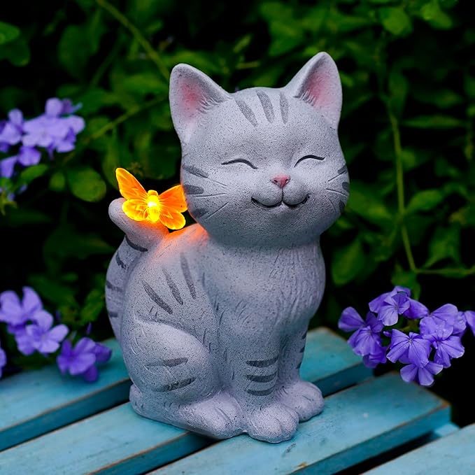 Solar Garden Cat Statue with LED Butterfly Light, Decorative Resin Outdoor Figurine 7.7in, Yard Lawn Ornaments Porch Patio Balcony Home House - Birthday Gifts for Grandma Mom Women