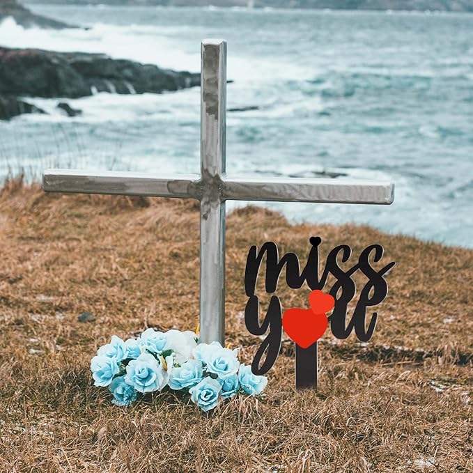 13.8 X 7.9 Inches Large Cemetery Decorations for Grave, Miss You Memorial Grave Markers, Metal Memorial Remembrance Stake, Grave Markers for Human Cemetery, Garden Yard Grave Site Outdoor Stake Marker