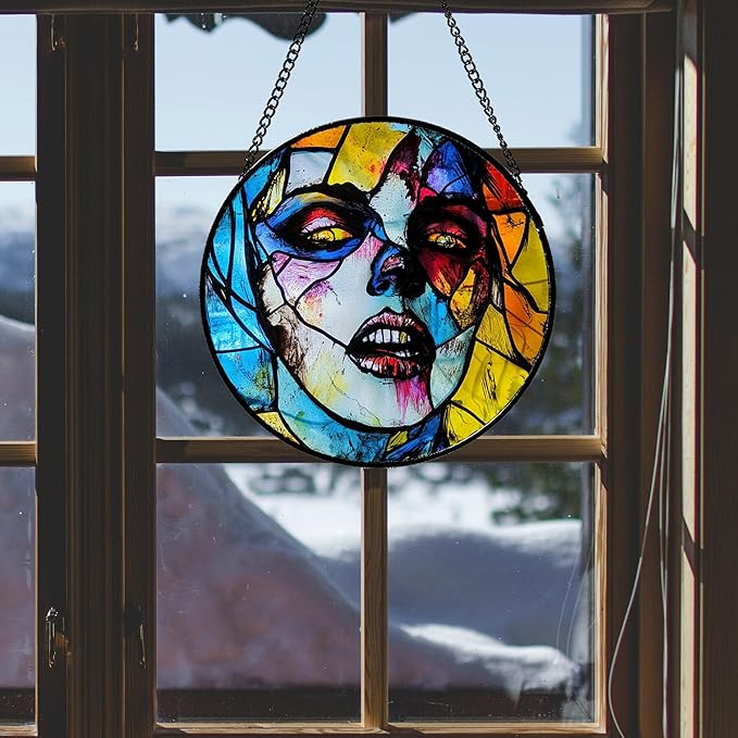 Stained Glass Window Hanging Halloween Horror Night Bloodstained Face 9.8" - Suncatcher Door Garden Sun Catcher Gothic Decor Birthday Evil Funny Gift for Mom Woman Nana Friend Men