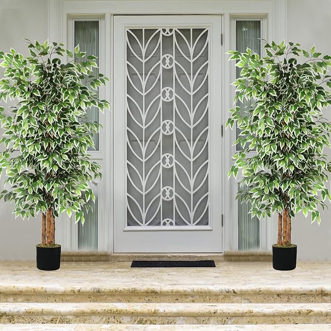GTIDEA 2 Pcs 6ft Ficus Artificial Trees, Tall Faux Trees Indoor with Natural Trunk and Fake Silk Tree Fake Plants for Home Winter Decor Living Room Outdoor Balcony House Office (Included Dried Moss)