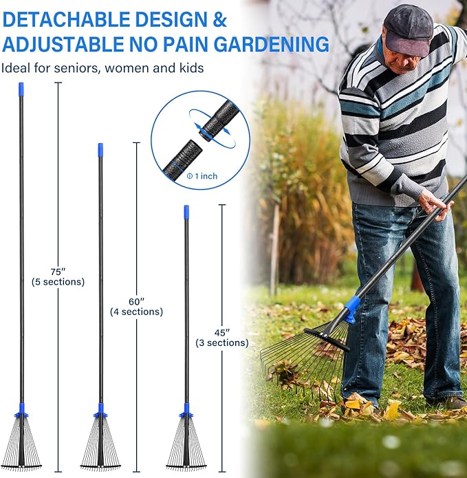 Lightweight Leaf Rake for Lawn, 8-17" Expandable Head with Metal Tines for Leaves, Shrubs & Small Areas, 75-Inch Adjustable Long Handle with Comfort Grip Senior Friendly