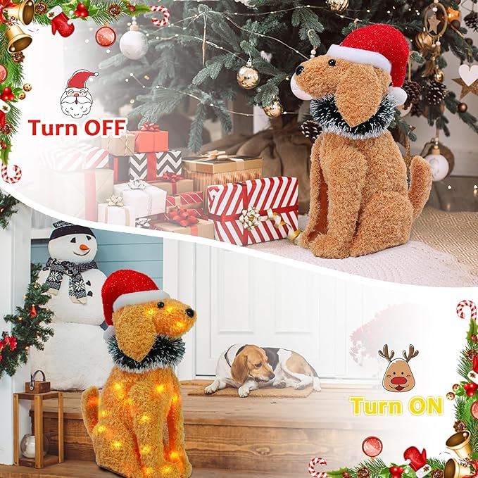 Christmas Lighted Dog Decoration Pre-lit 3D Glittered Fluffy Puppy Battery Operated Lighted Up Sitting Ornament Outdoor Indoor Christmas Decoration for Home Lawn Yard Garden Display