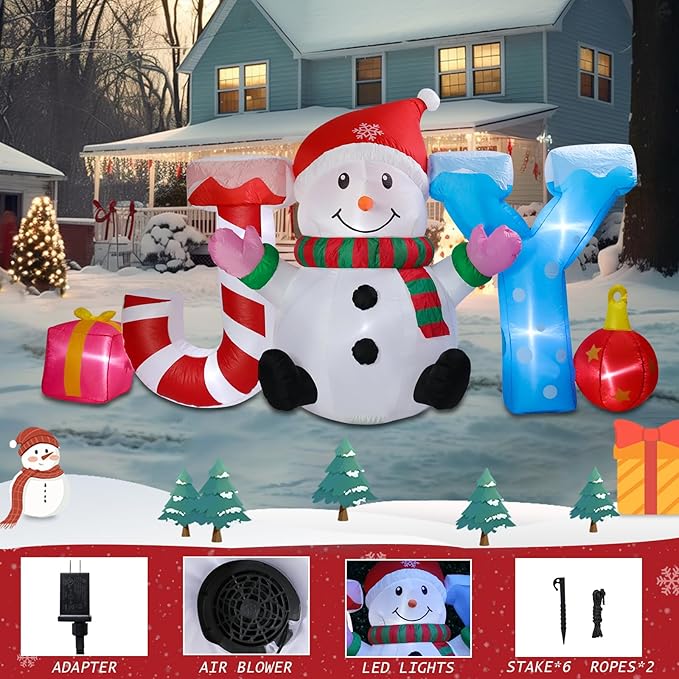 Christmas Inflatable Outdoor Decorations, Inflatable Snowman and Joy Built-in LED Lights Blow Up Yard Decorations for Holiday Indoor Outdoor Party Garden Lawn