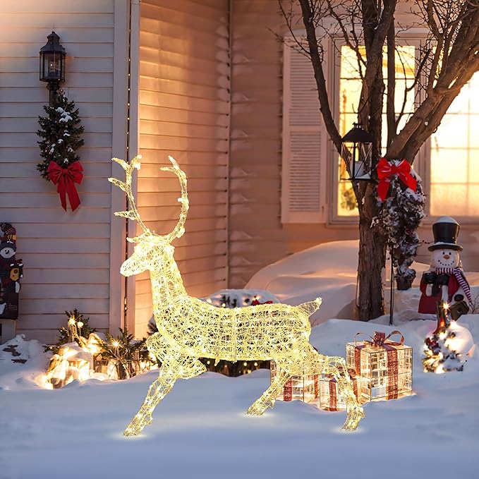LuxenHome Lighted Reindeer Christmas Outdoor Yard Decorations, Prelit Runing Reindeer Indoor & Outdoor Christmas Decor with 300 LED Lights, Xmas Decorations for Front Porch, Lawn, Garden Display