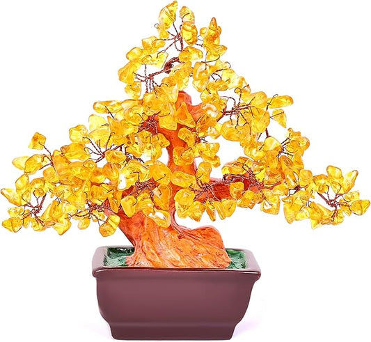 Feng Shui Quartz Crystal Money Tree Bonsai Style Decoration for Luck and Wealth (Yellow)